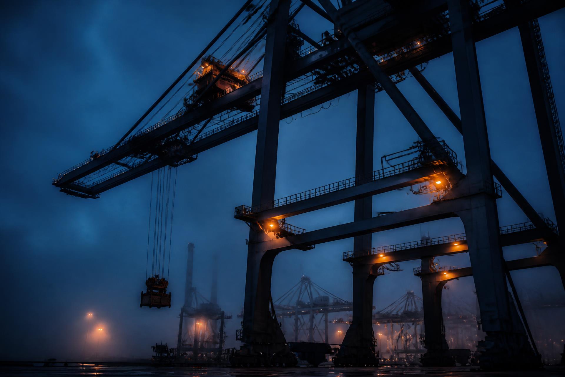 Container cranes at a port terminal at blue hour